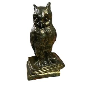 Vtg Bronze Brass Owl On Books Figurine Statue 4.75" Library Office Teacher‎